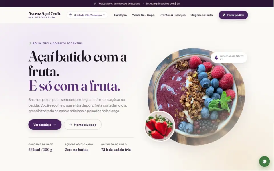 Página inicial do modelo Açaí Craft