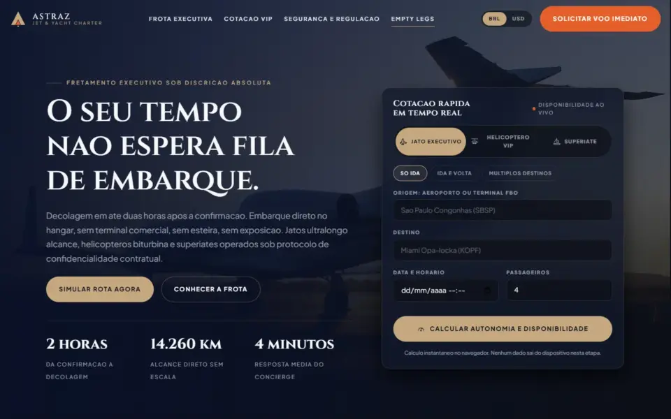 Página inicial do modelo Private Jet & Yacht Charter